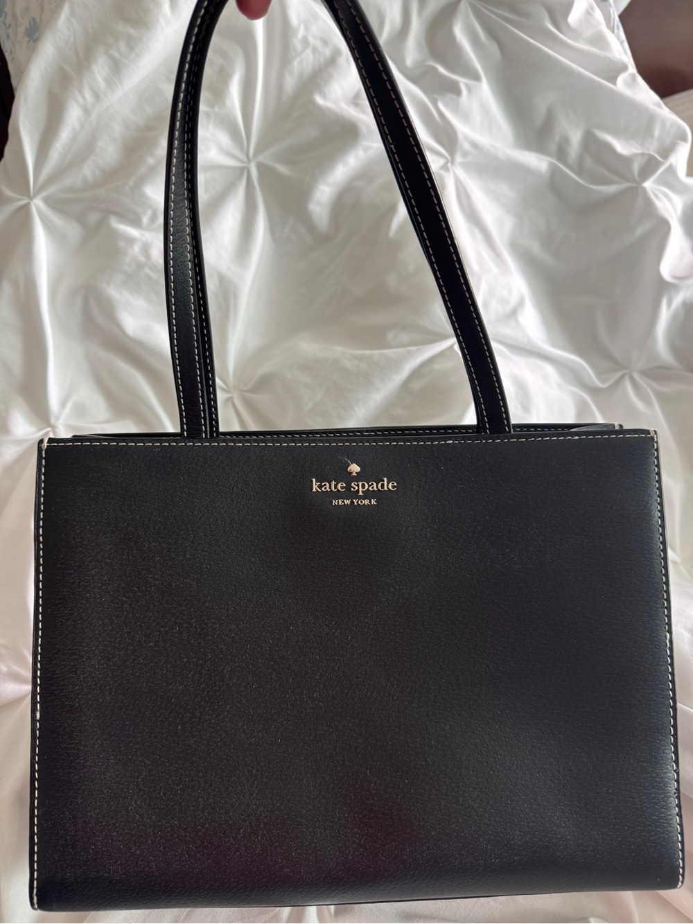 kate spade Black Leather Double-Handle Tote with Contrast Stitching